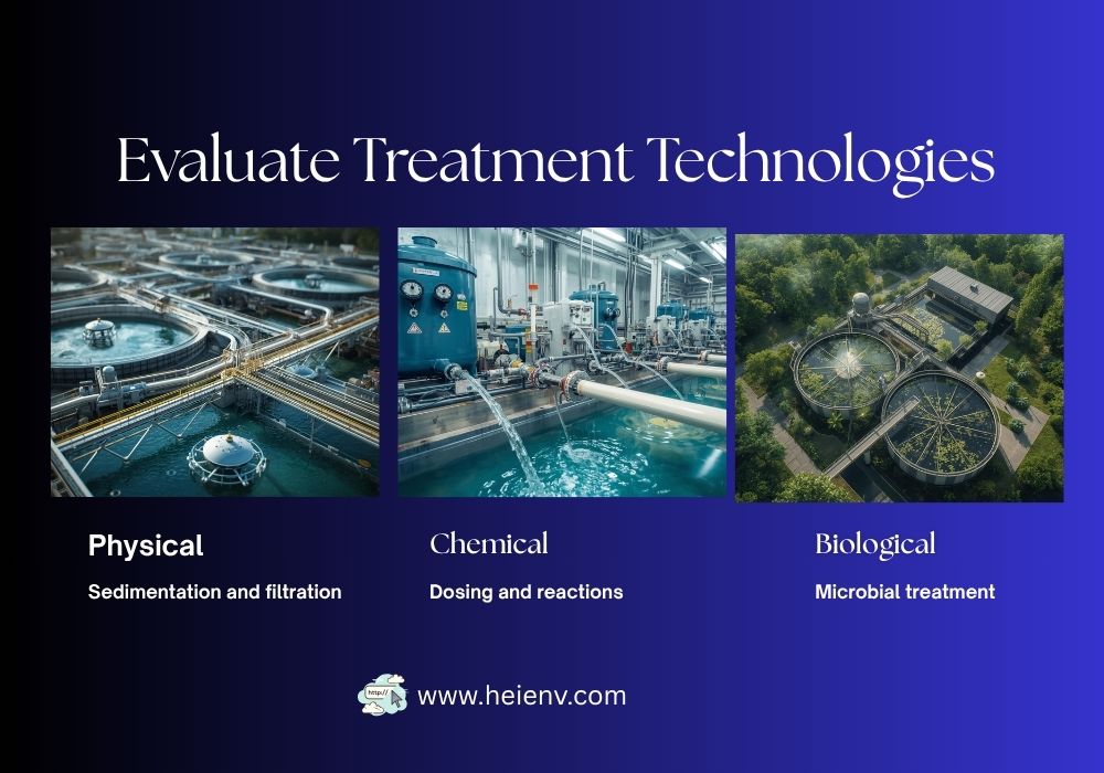 Industrial wastewater treatment process showing physical, chemical, and biological treatment stages with equipment and tanks in operation.