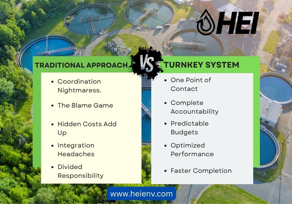 Comparison of traditional multi-vendor wastewater treatment projects with HEI turnkey systems showing efficiency, accountability, and optimized performance